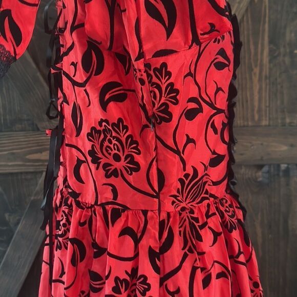 Victorian Dress Red Bow Floral Print Square Neckline Long Sleeves Matte - Picture 11 of 16